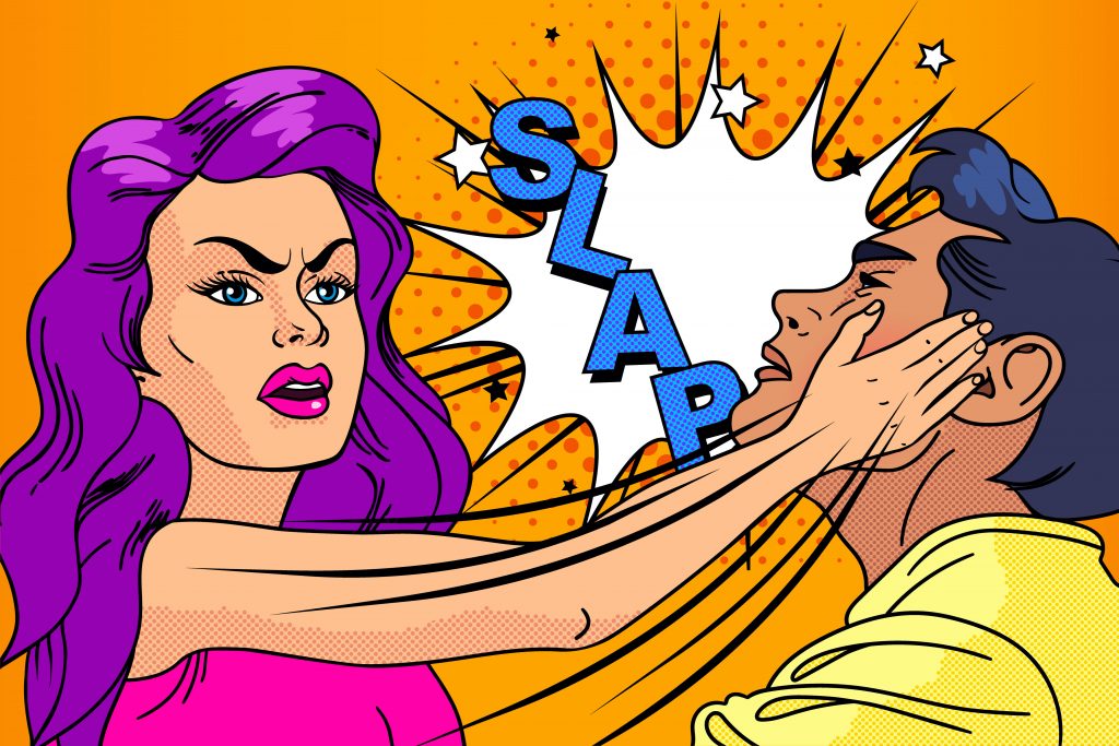 Cartoon image of a woman slapping a man in the face